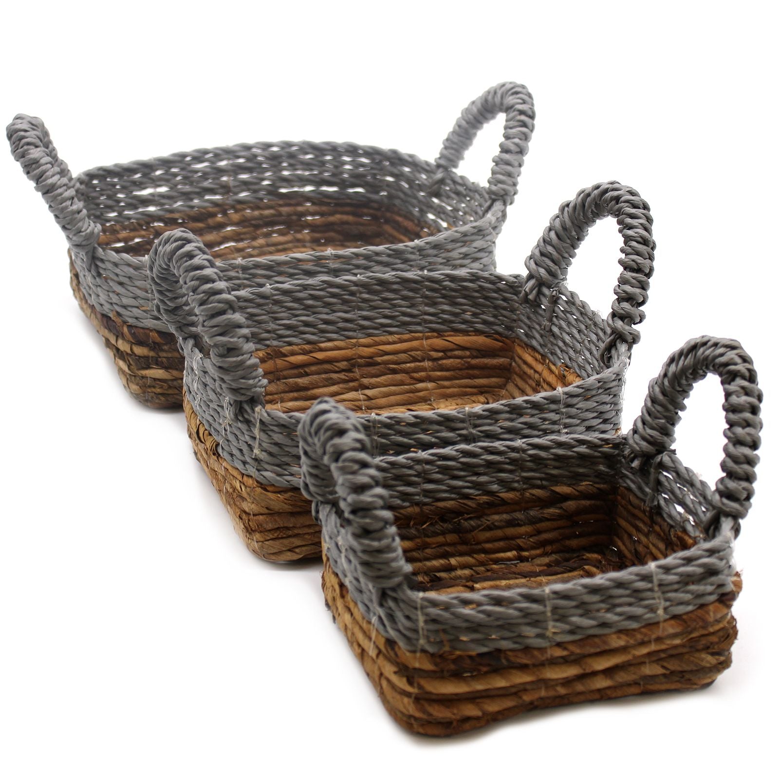 Set of three handcrafted square baskets made from woven natural banana leaf and textured grey Abu-Abu raffia.