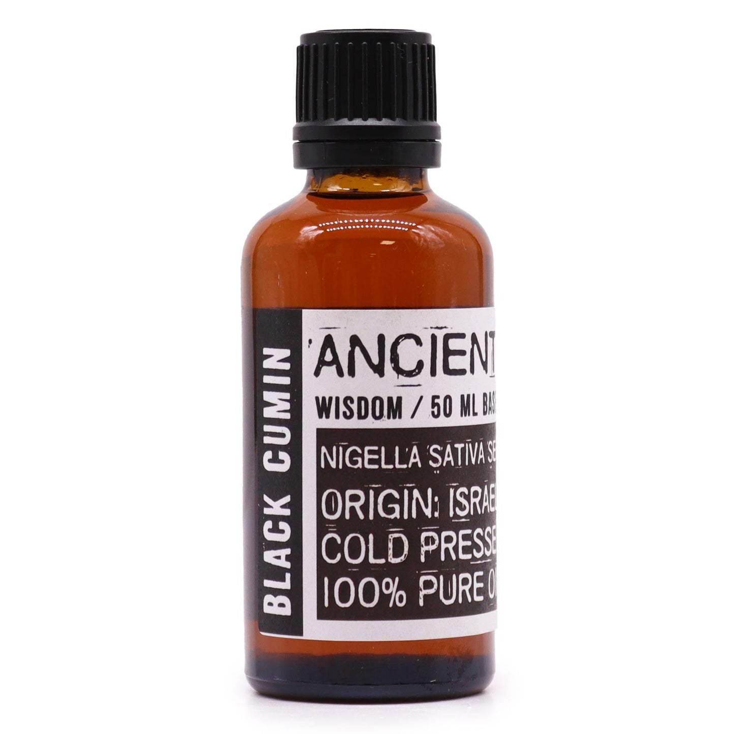 A 50ml amber glass bottle containing pure black cumin oil for aromatherapy and skincare.