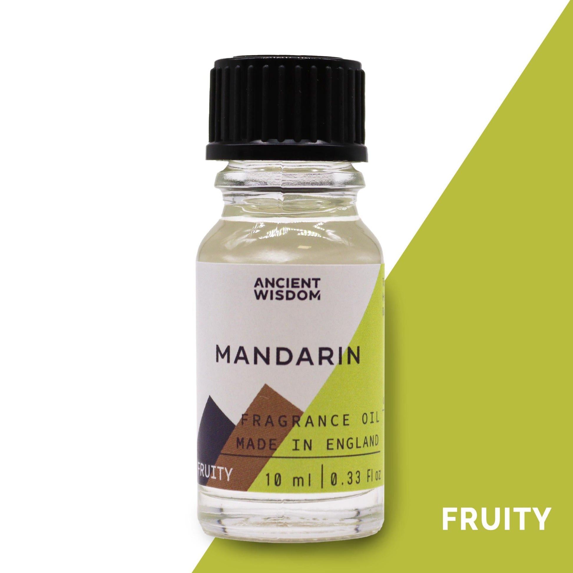 A small amber glass bottle of mandarin fragrance oil with a black dropper cap and a simple clean label.