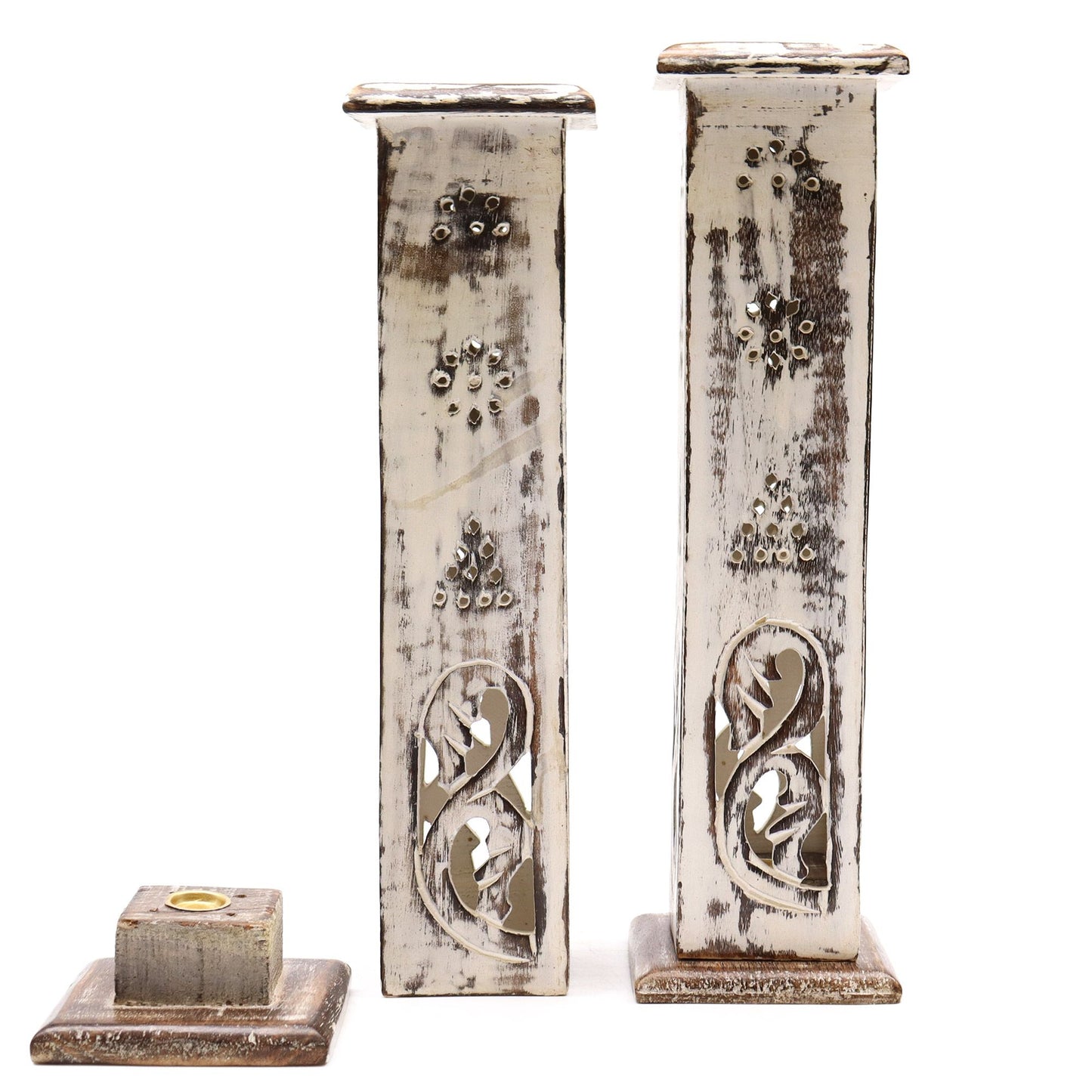 Handcrafted tall square wooden incense smoke tower with intricate carved details and a natural dark wood finish.