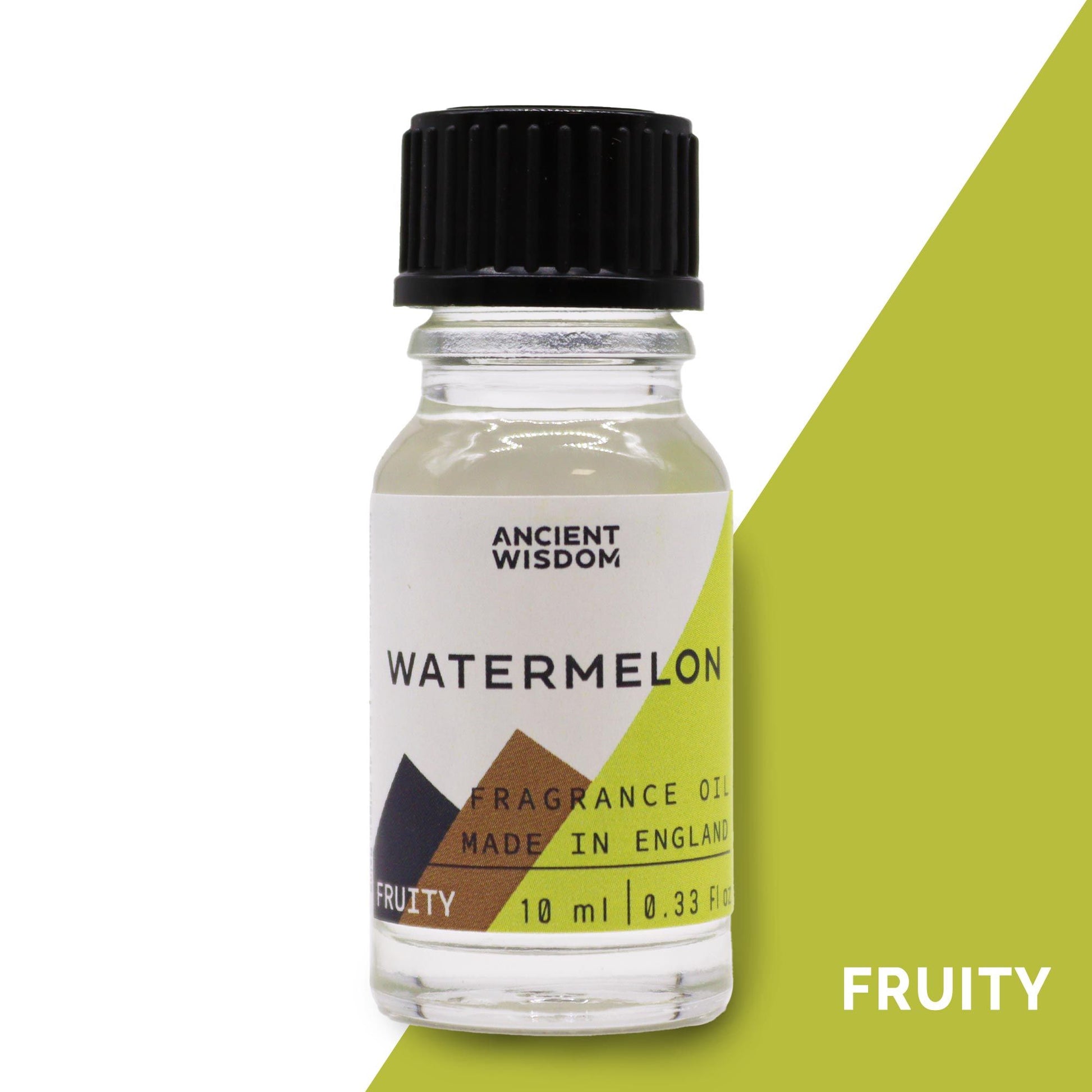 A small 10ml brown amber glass bottle of watermelon scented fragrance oil with a black dropper cap.