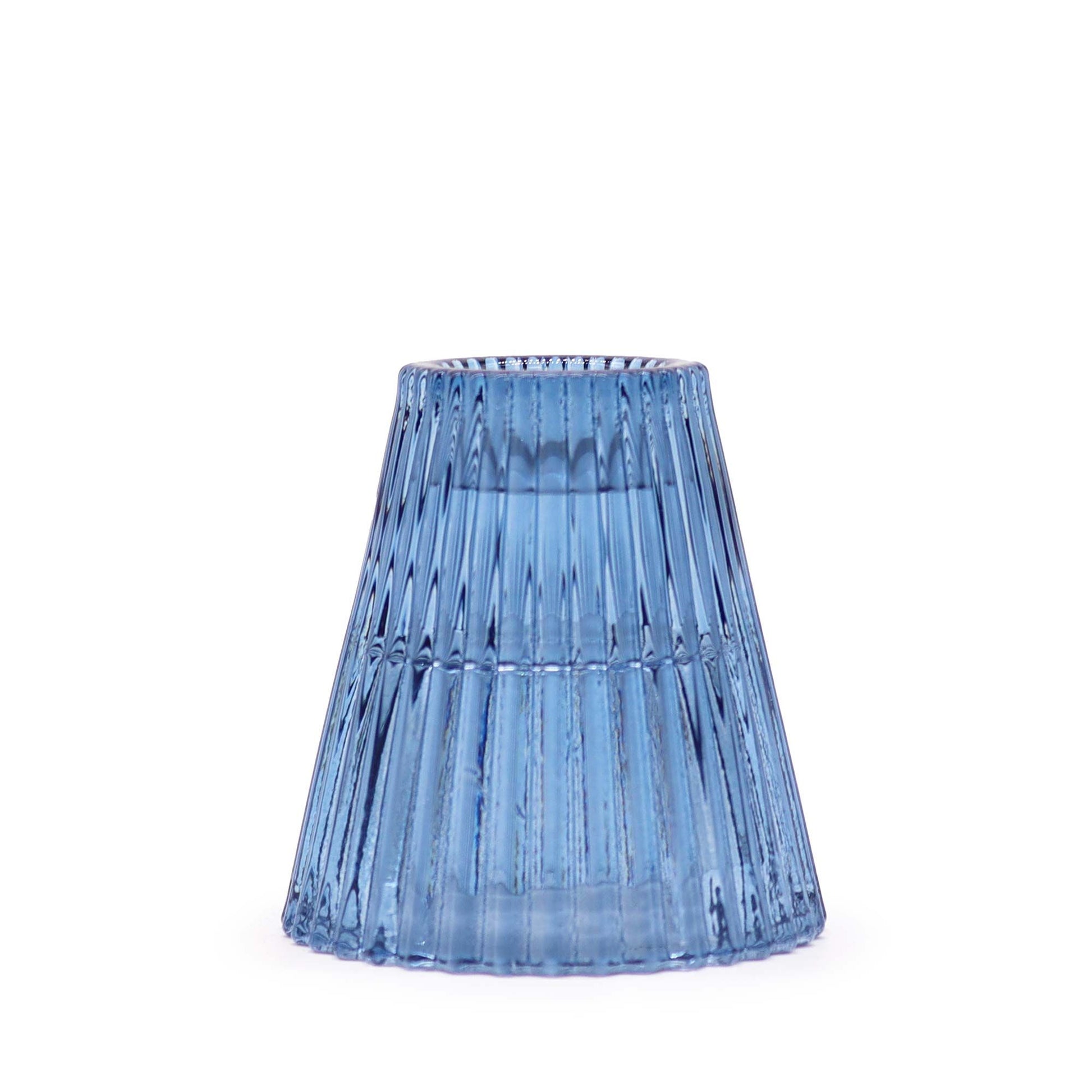 Elegant royal blue glass candle holder with a versatile dual-sided design for dinner candles or tealights.