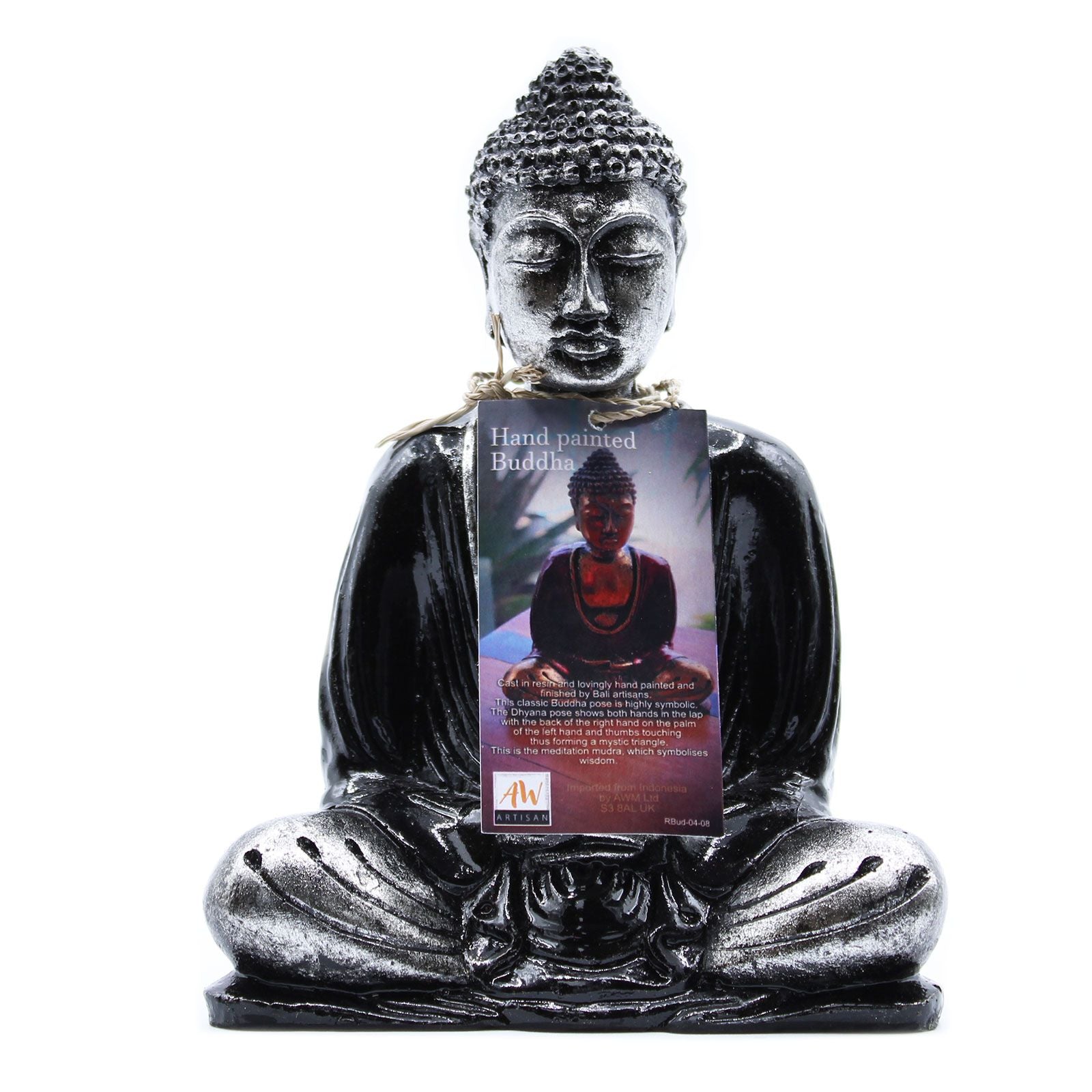 Hand-painted black and grey resin Buddha statue in a sitting meditation pose with hands in the Dhyana mudra.