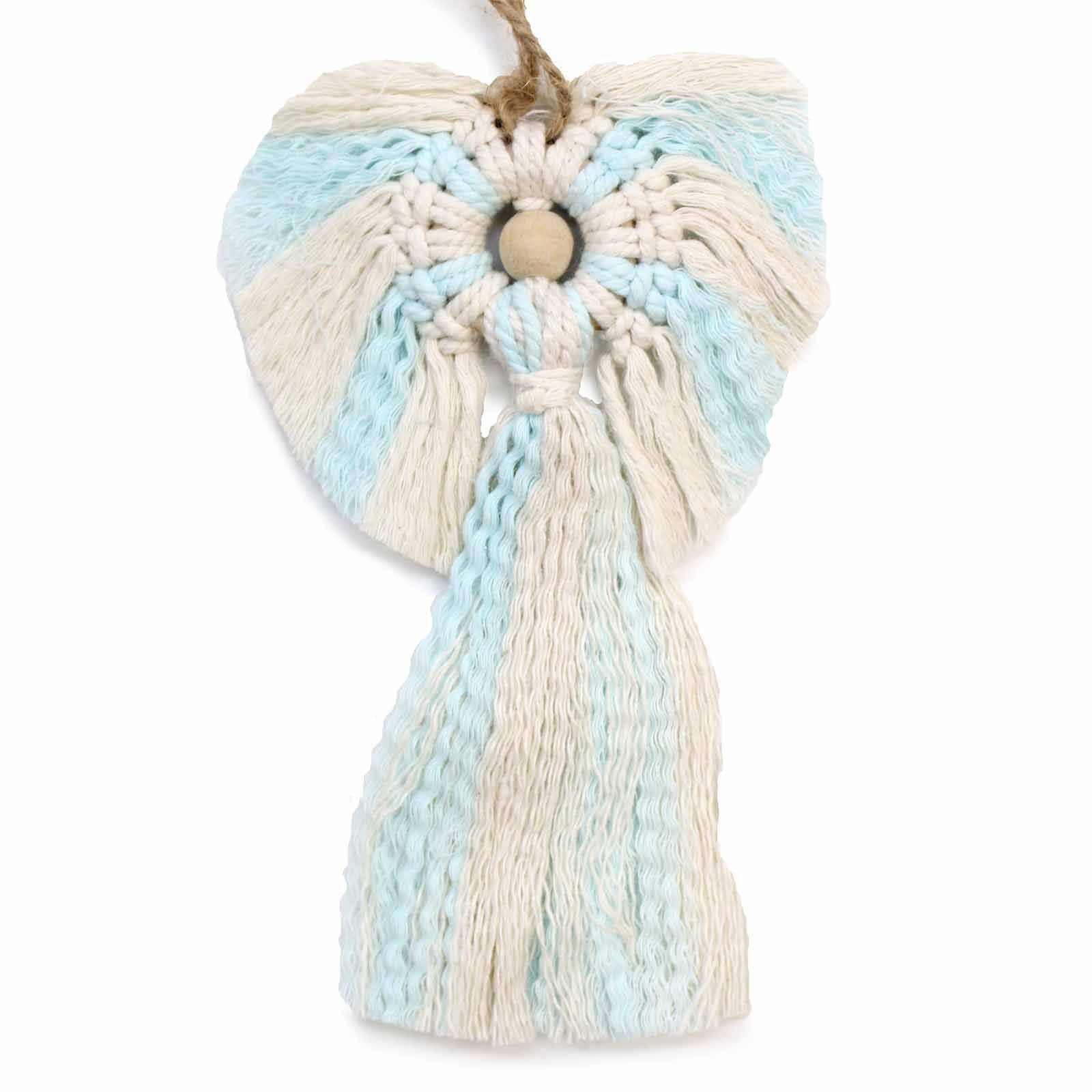 Hand-woven white macrame angel figure with wings and a halo, presented in a small cardboard gift box.