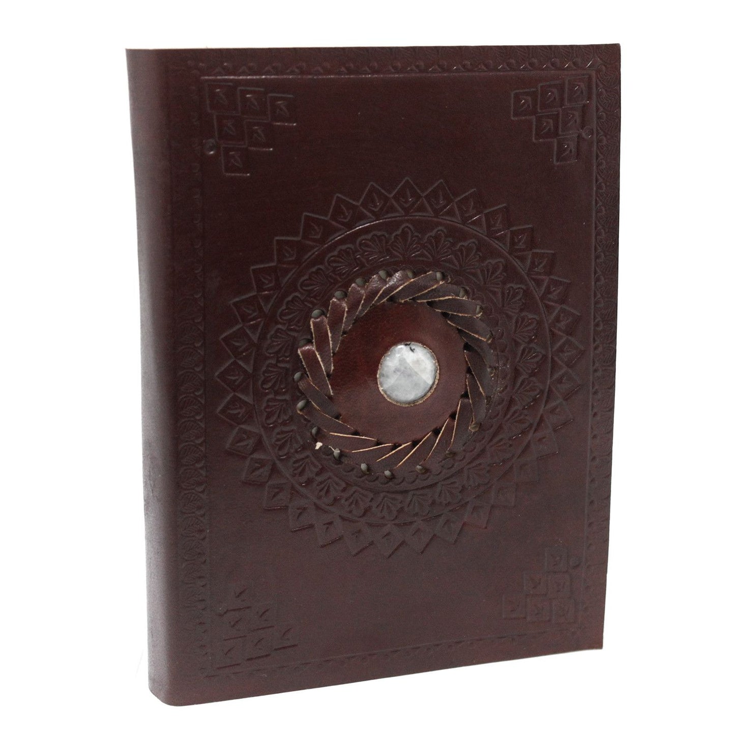 Handcrafted brown leather notebook featuring an embossed moonstone design, vintage metal clasps, and rustic burnt edges.