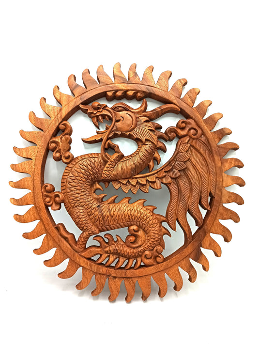Intricately hand-carved circular wooden wall panel featuring a majestic dragon design in a natural finish.