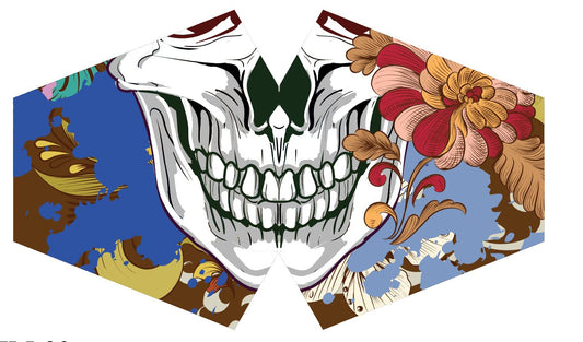 Children's reusable fabric face mask featuring a vibrant and colourful sugar skull calavera pattern.