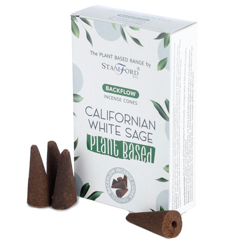 A single conical backflow incense cone scented with Californian white sage on a wooden surface.