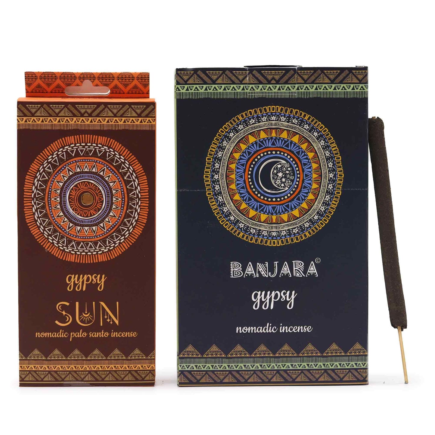 Hand-rolled incense sticks in a decorative SUN themed packet, releasing a gentle wisp of aromatic smoke.