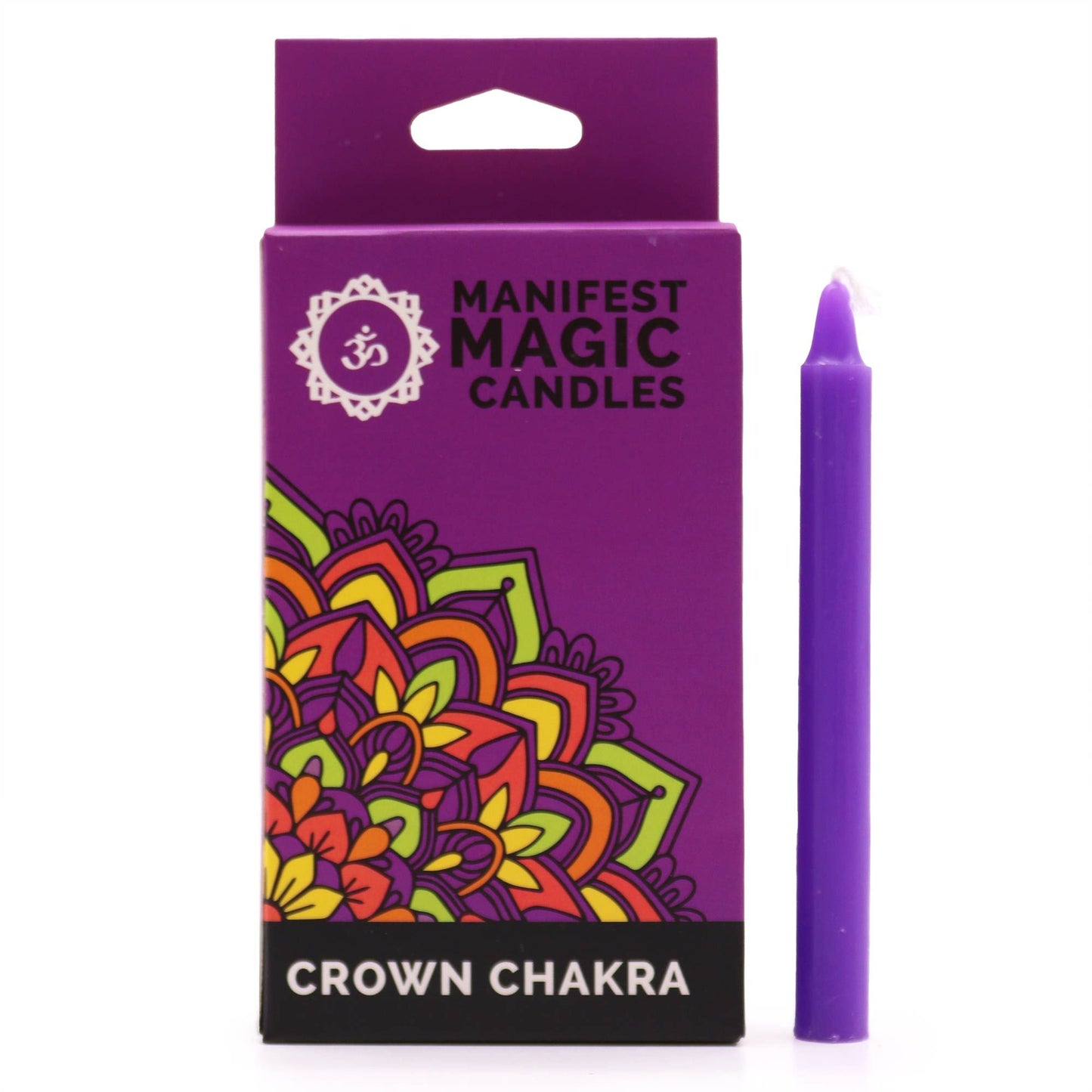 Pack of twelve slender violet ritual candles designed for Crown Chakra manifestation and spiritual meditation.