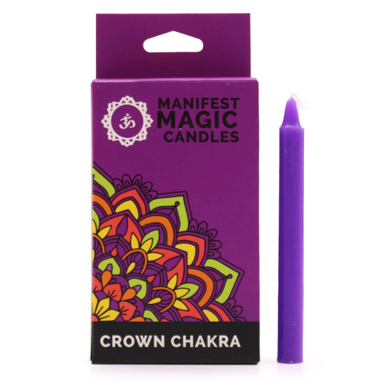 Pack of twelve slender violet ritual candles designed for Crown Chakra manifestation and spiritual meditation.