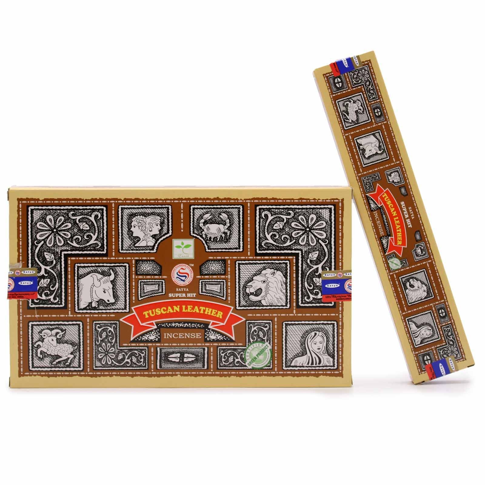 A pack of hand-rolled incense sticks featuring a rich leather and earthy spice aroma for home fragrance.