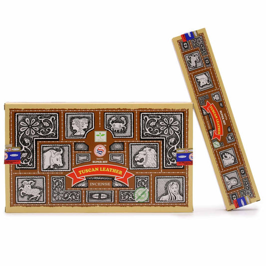 A pack of hand-rolled incense sticks featuring a rich leather and earthy spice aroma for home fragrance.