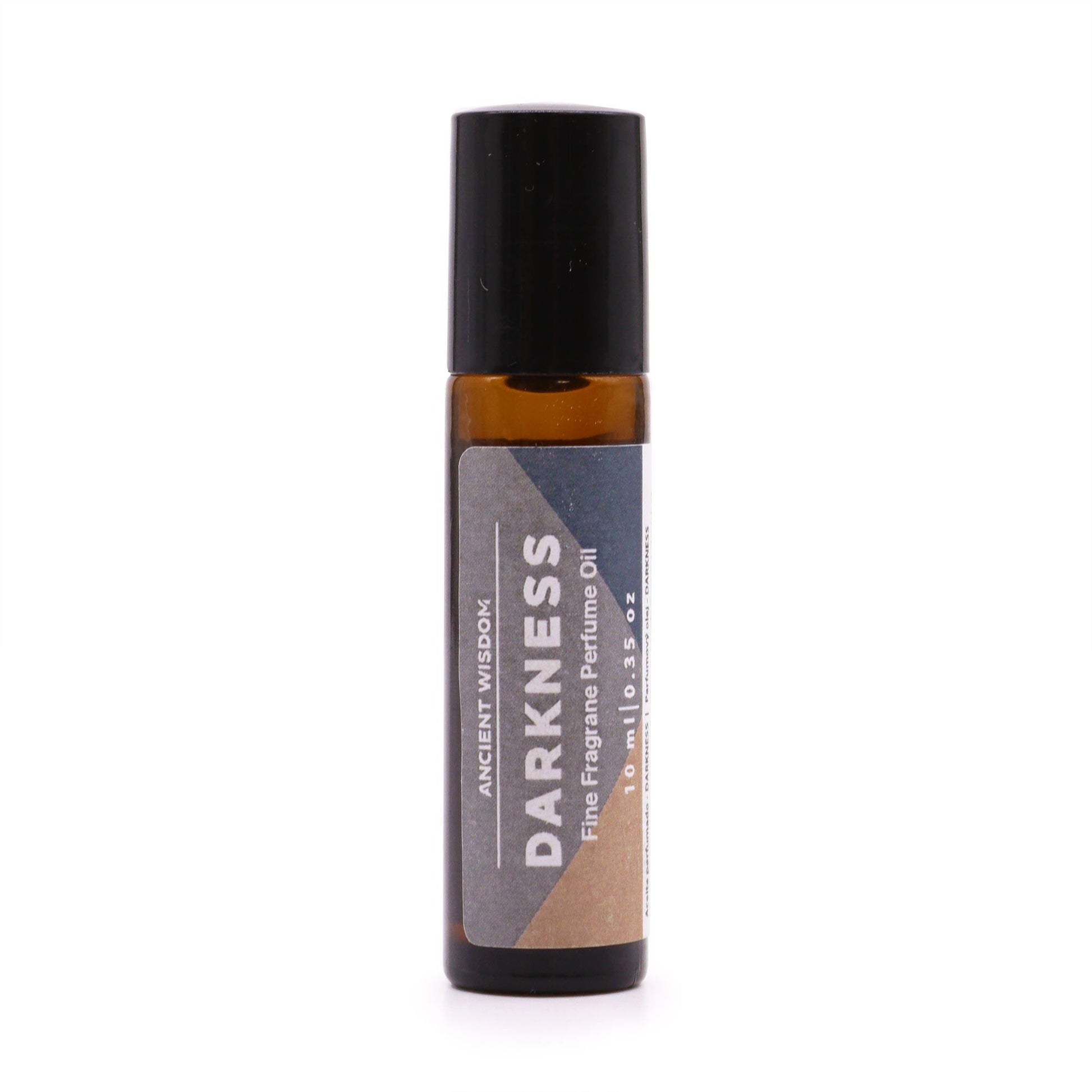 A 10ml glass perfume oil roll-on bottle with a sleek label, containing a dark and mysterious fragrance oil.