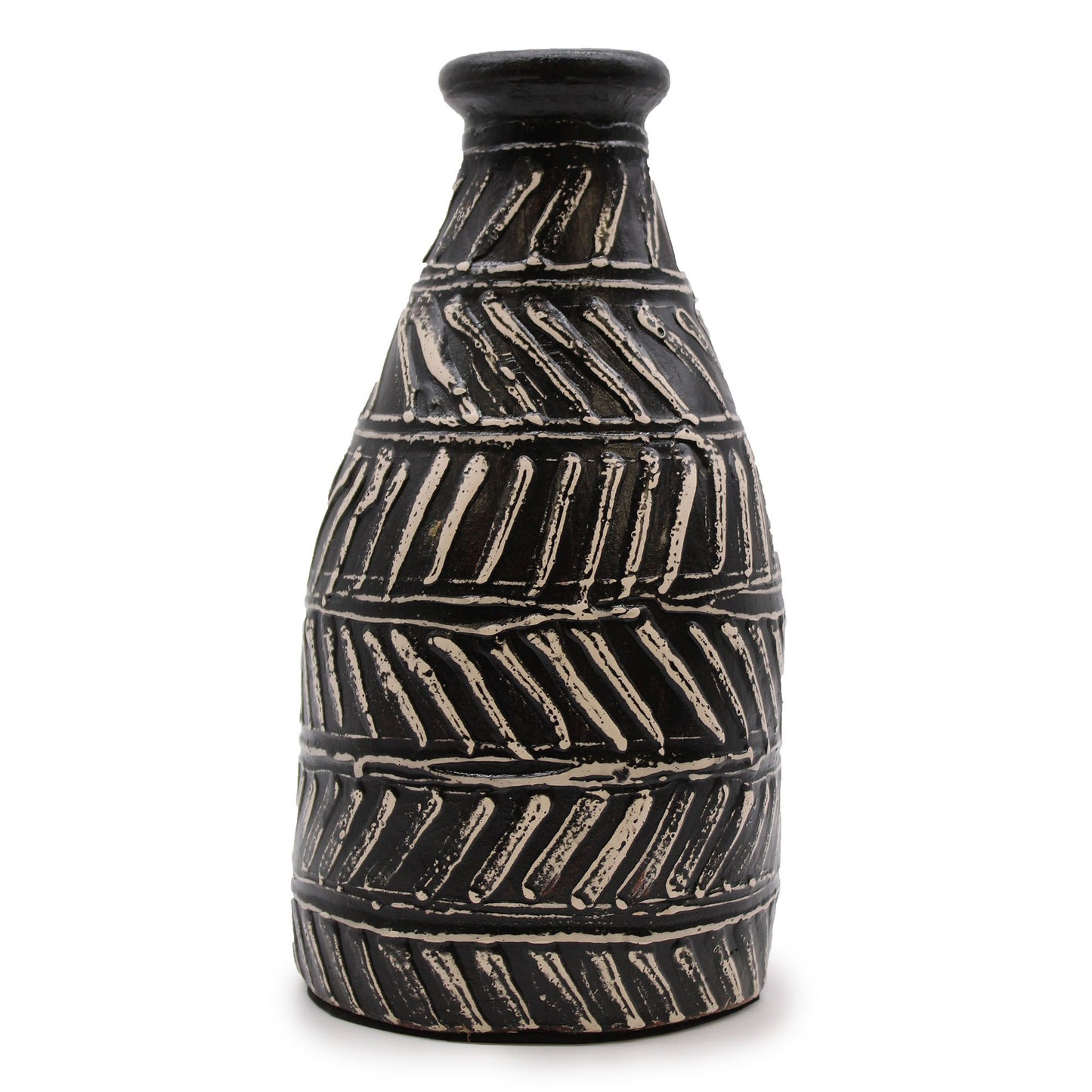 Handmade chocolate brown terracotta taper vase with traditional Indonesian patterns and a Greek-inspired silhouette.
