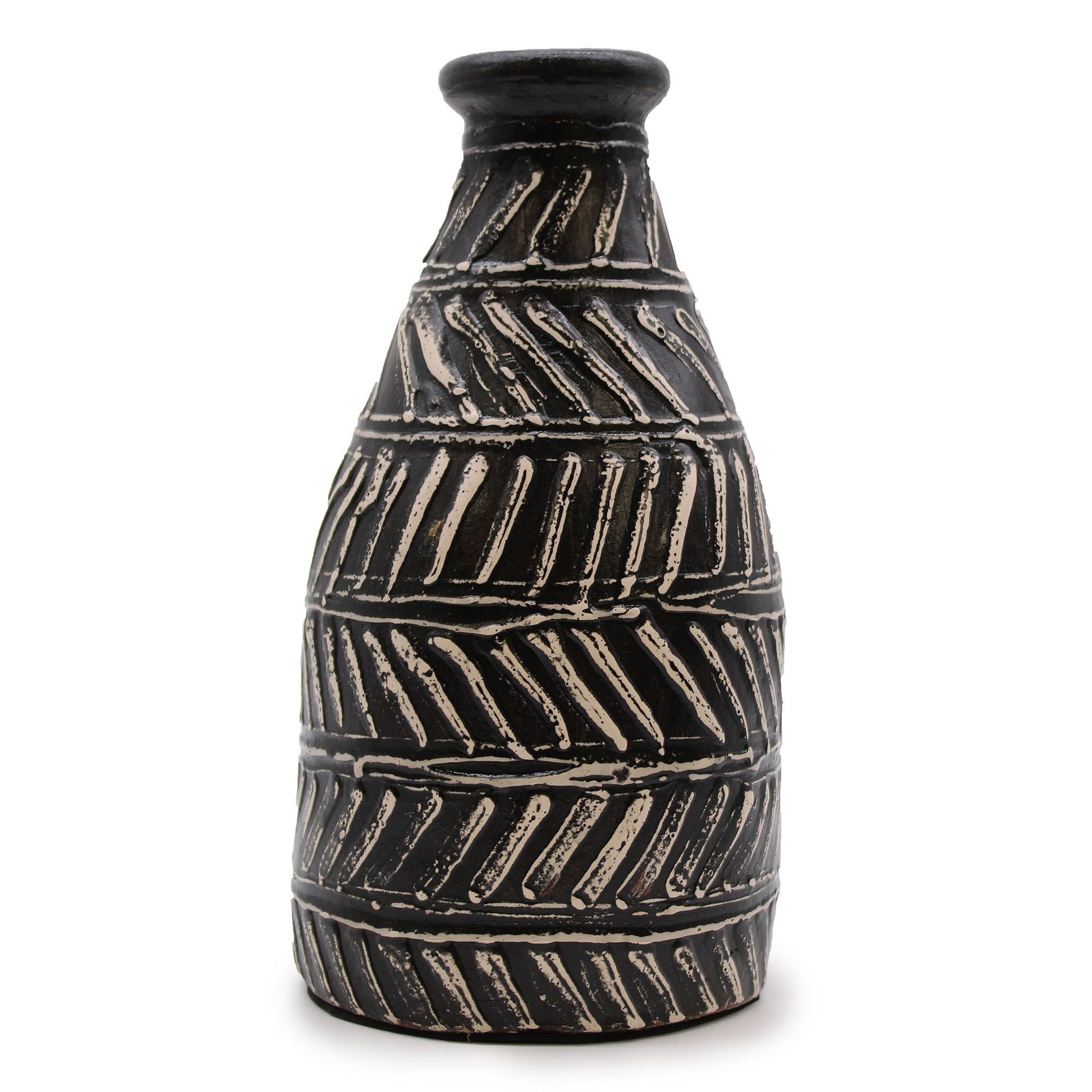 Handmade chocolate brown terracotta taper vase with traditional Indonesian patterns and a Greek-inspired silhouette.