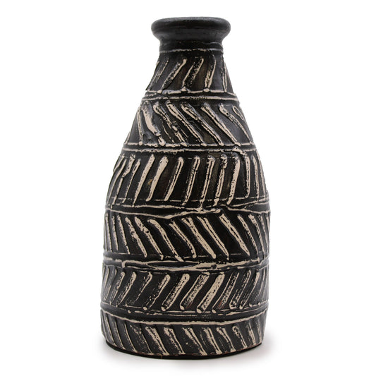 Handmade chocolate brown terracotta taper vase with traditional Indonesian patterns and a Greek-inspired silhouette.