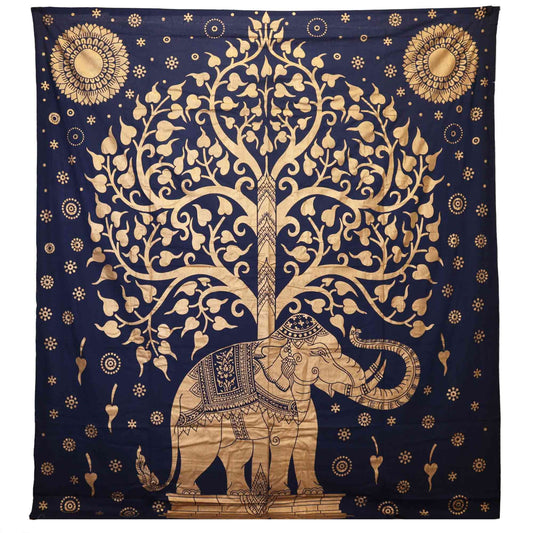 Intricate blue and gold cotton bedspread featuring a central tree of life design surrounded by majestic elephants.