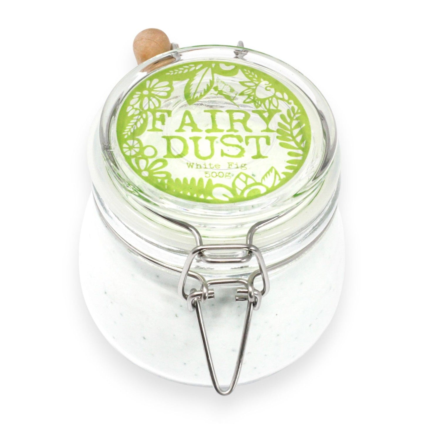 Luxurious white bath powder in a glass jar with a metal clasp, featuring a delicate fruity aroma.