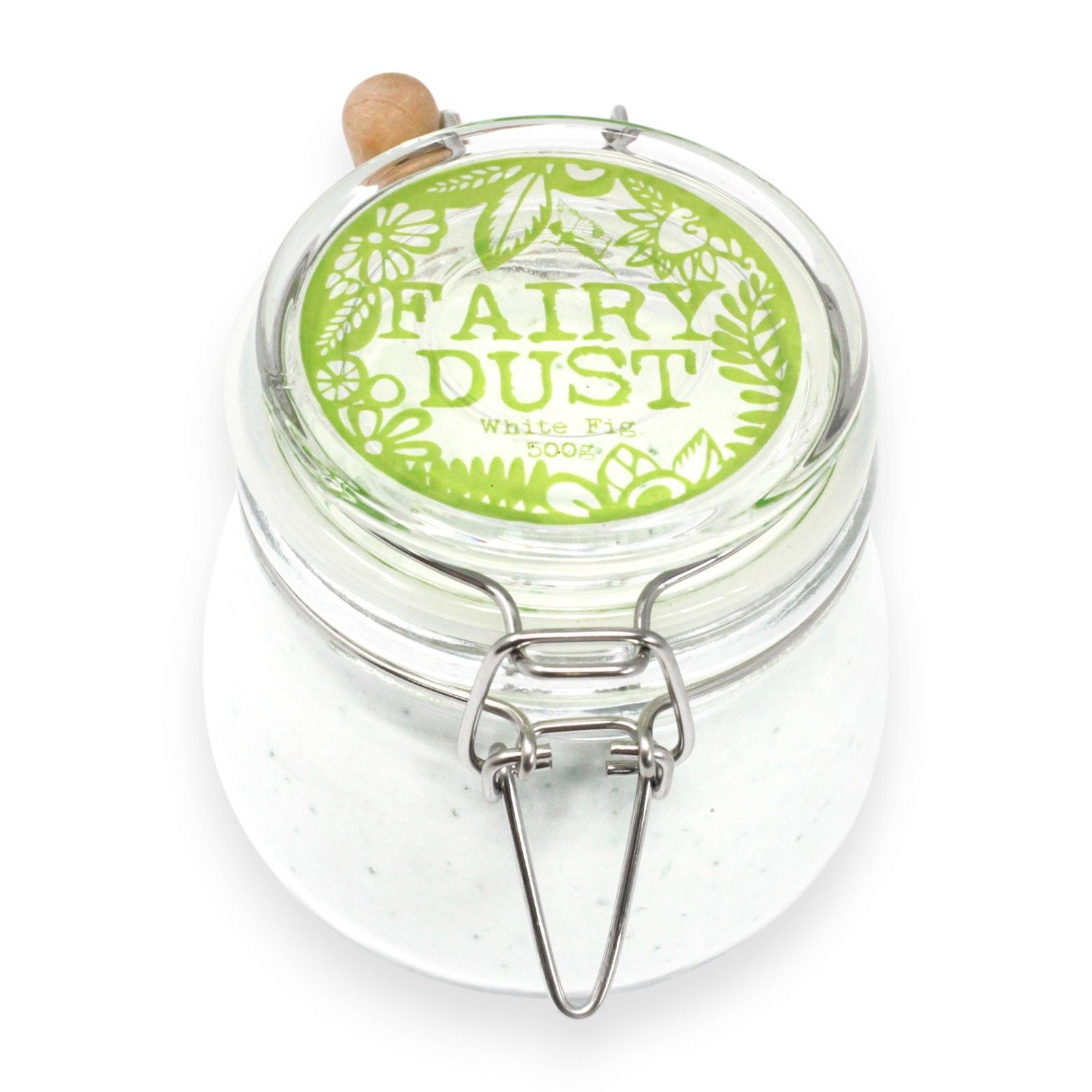 Luxurious white bath powder in a glass jar with a metal clasp, featuring a delicate fruity aroma.