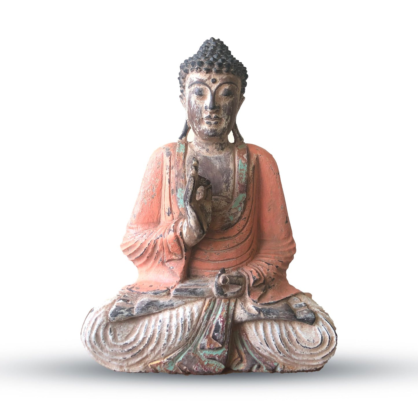 Vintage orange hand-carved wooden Buddha statue in a teaching transmission pose, 40cm tall.