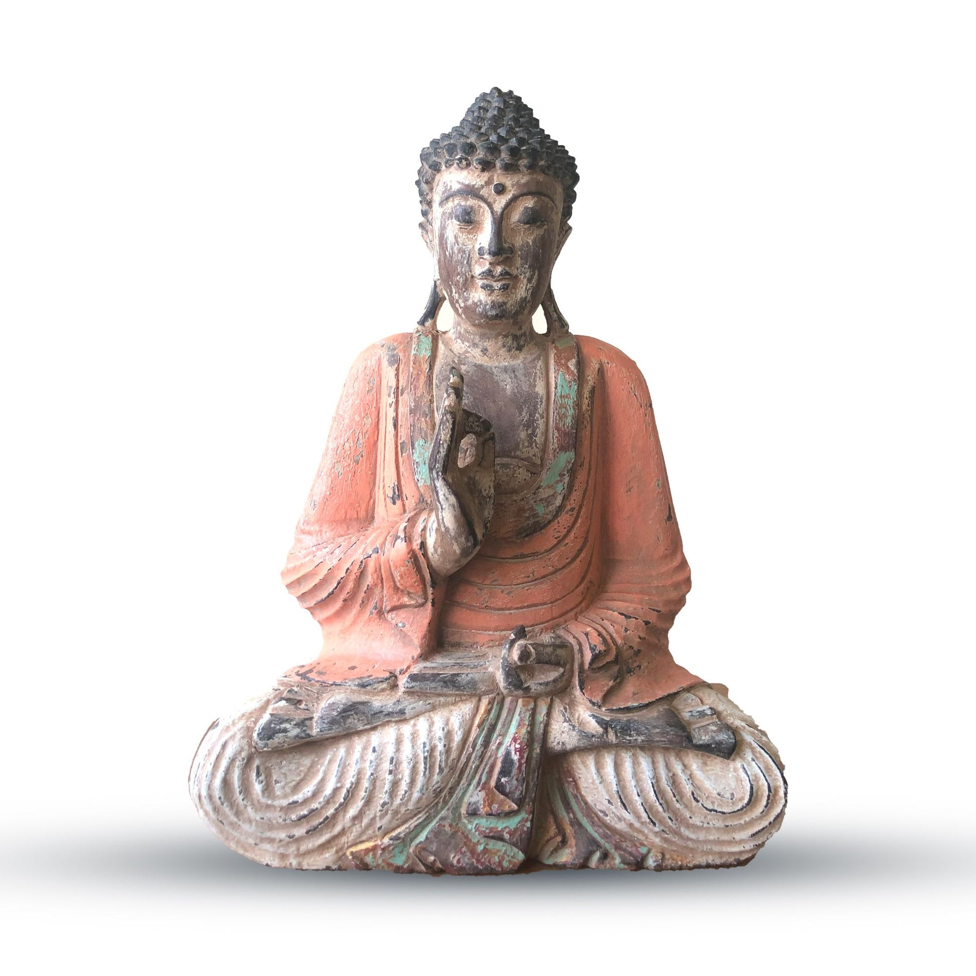 Vintage orange hand-carved wooden Buddha statue in a teaching transmission pose, 40cm tall.