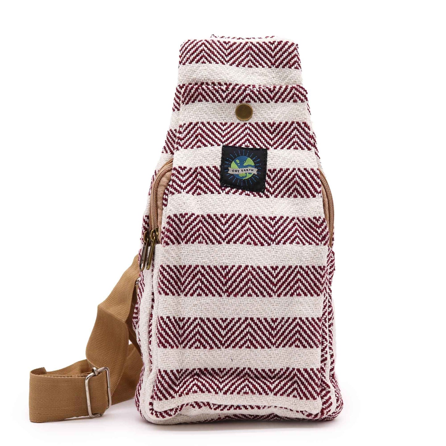 Natural cotton cross-body bag in a bold burgundy and white striped colourway with a long shoulder strap.