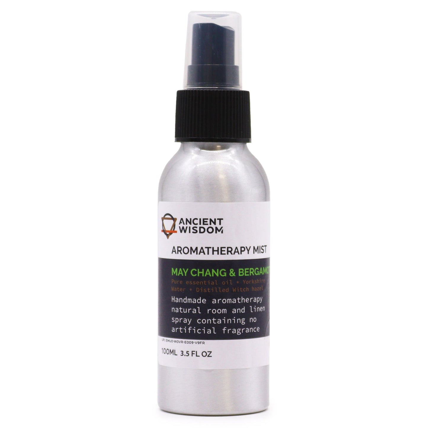 Clear bottle of essential oil room mist with a label featuring May Chang and Bergamot citrus fruits.