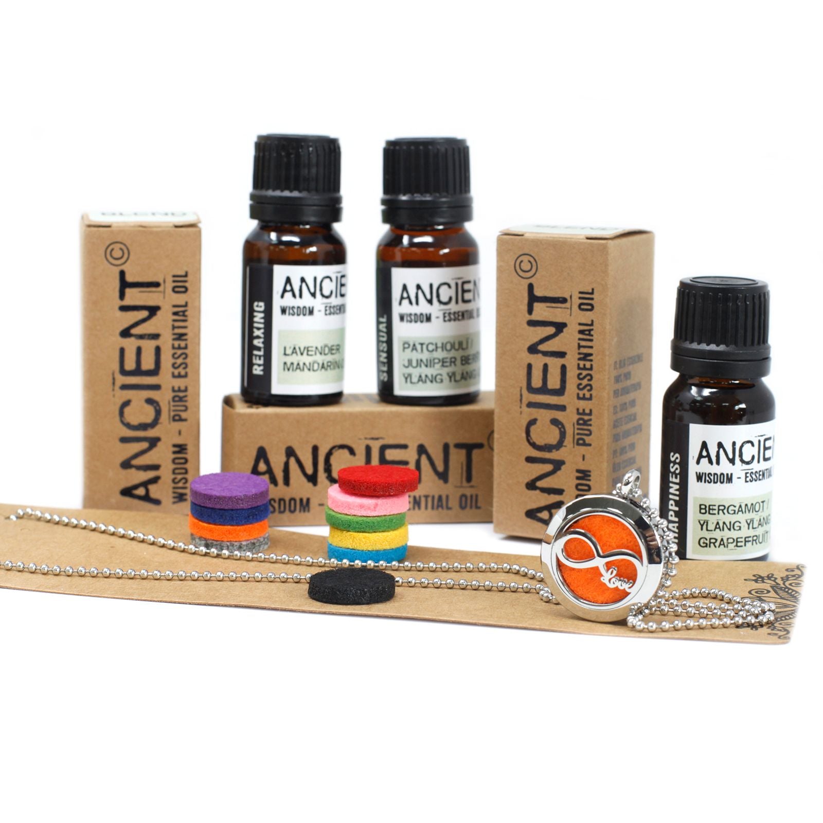 Elegant silver-coloured infinity love locket necklace with three essential oil bottles in a decorative gift box.