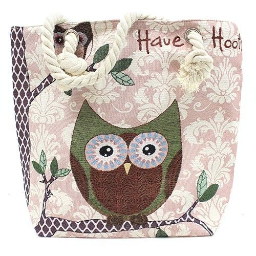 Large cream tote bag featuring a colourful owl illustration and thick nautical-style white rope handles.