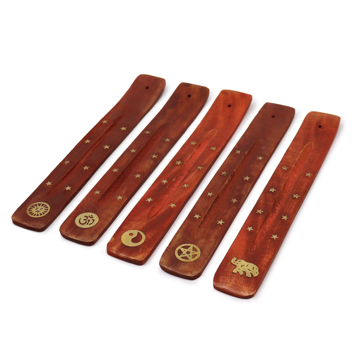 Handcrafted mango wood incense ashcatcher with elegant brass floral inlays and a smooth polished finish.
