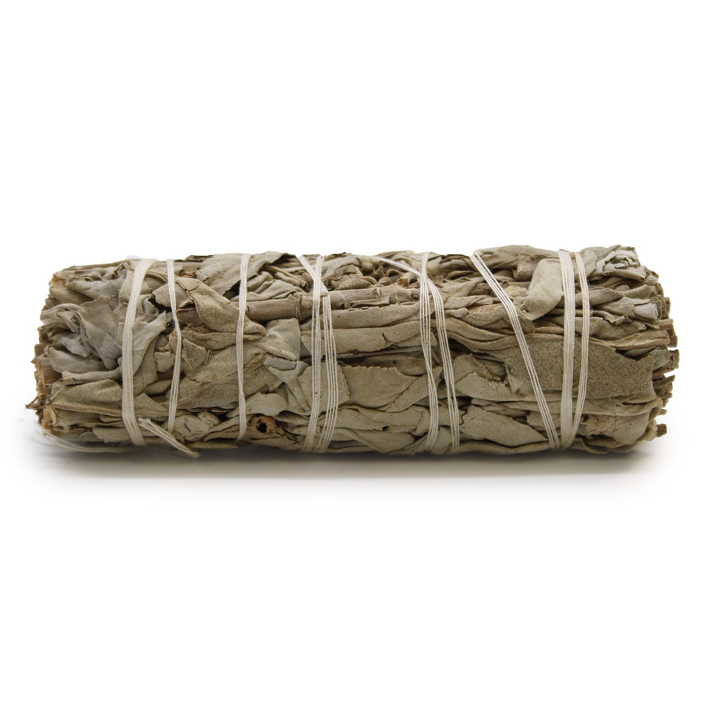 A hand-tied 10cm smudge stick combining dried white sage leaves and braided sweetgrass.