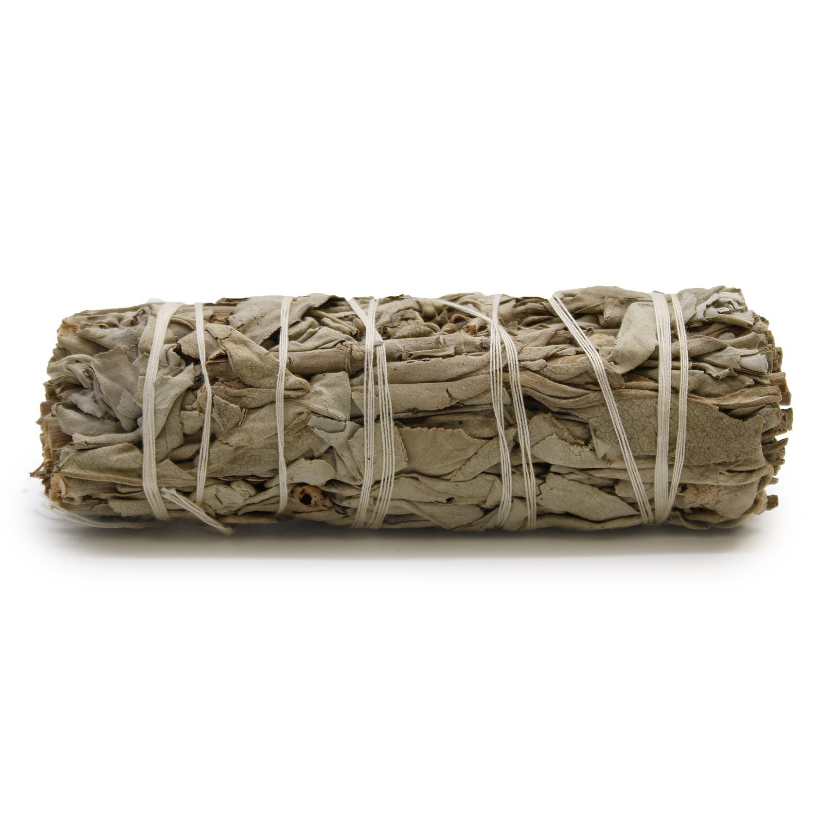 A hand-tied 10cm smudge stick combining dried white sage leaves and braided sweetgrass.