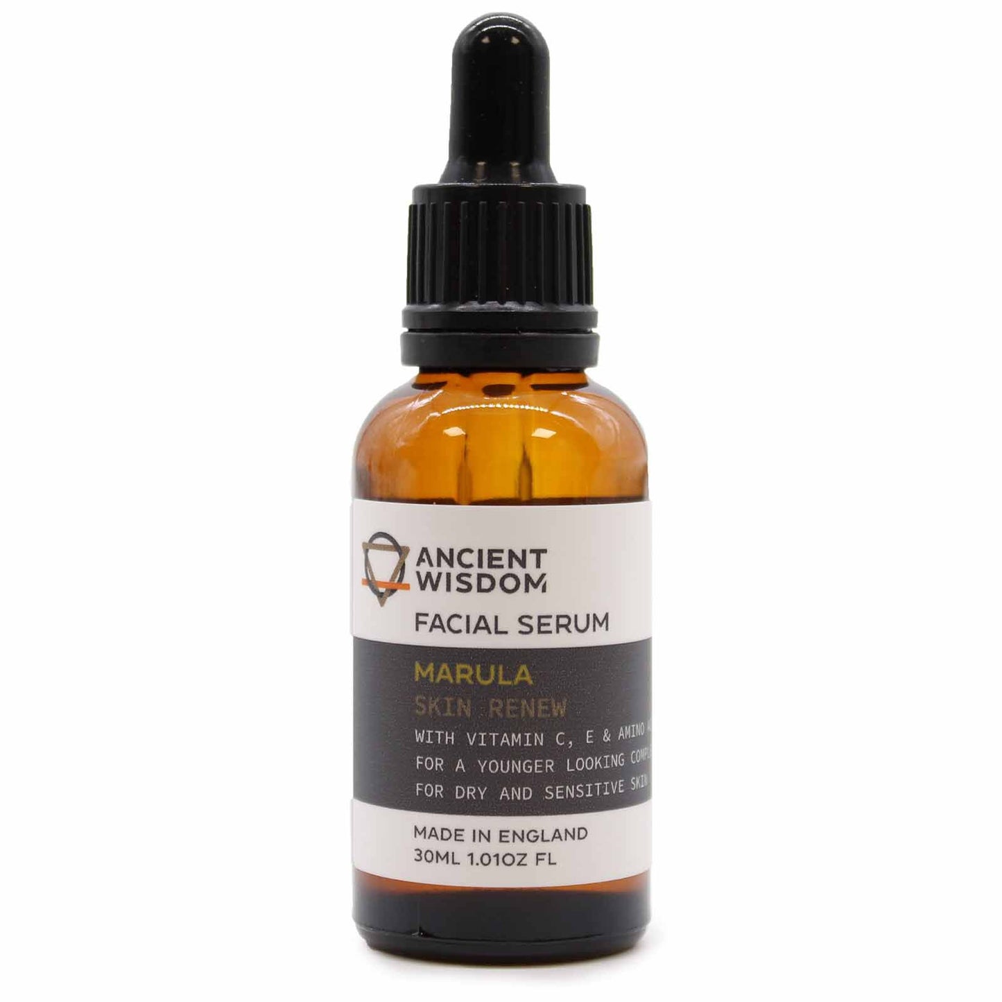 Clear glass dropper bottle containing Marula Oil facial serum on a clean white background.