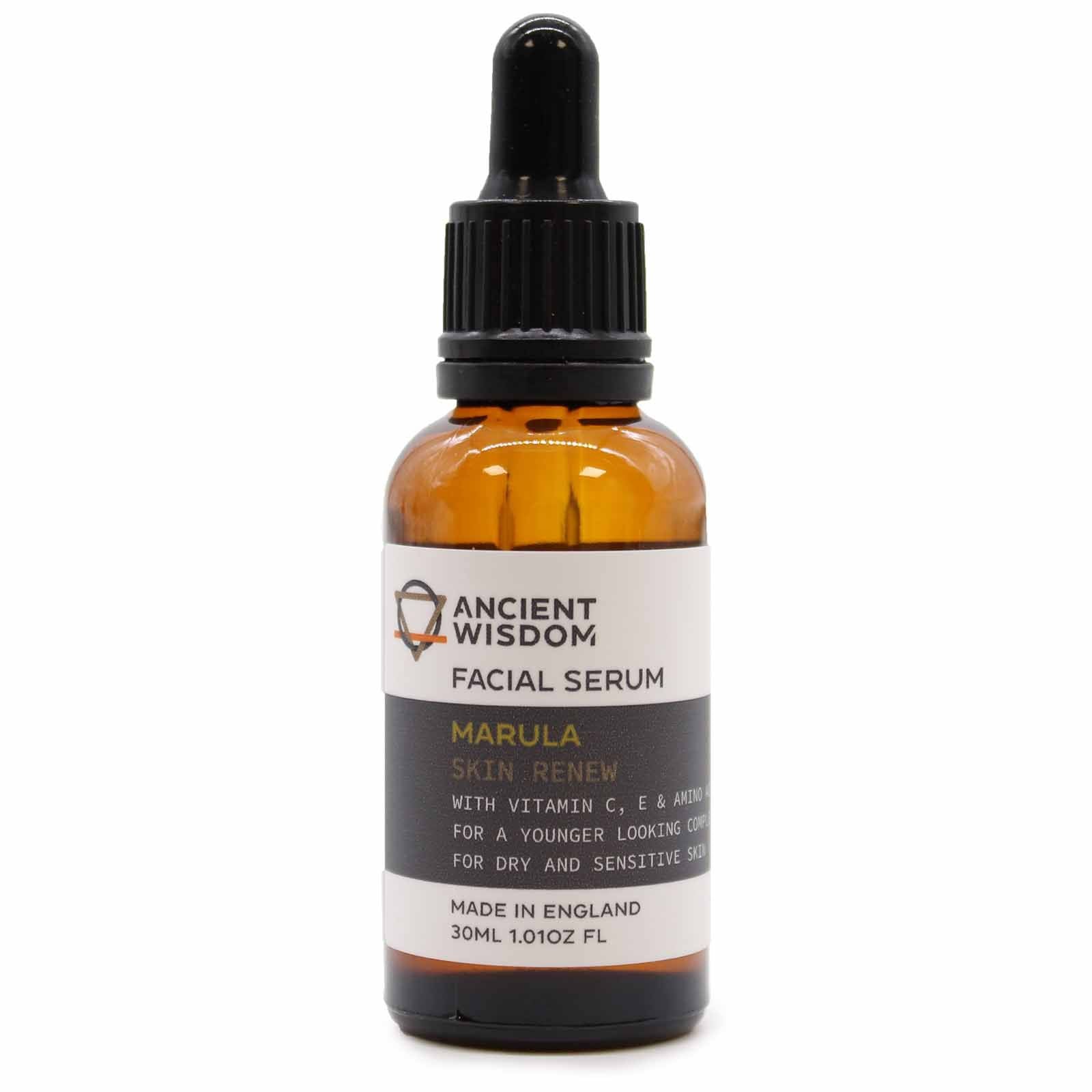 Clear glass dropper bottle containing Marula Oil facial serum on a clean white background.