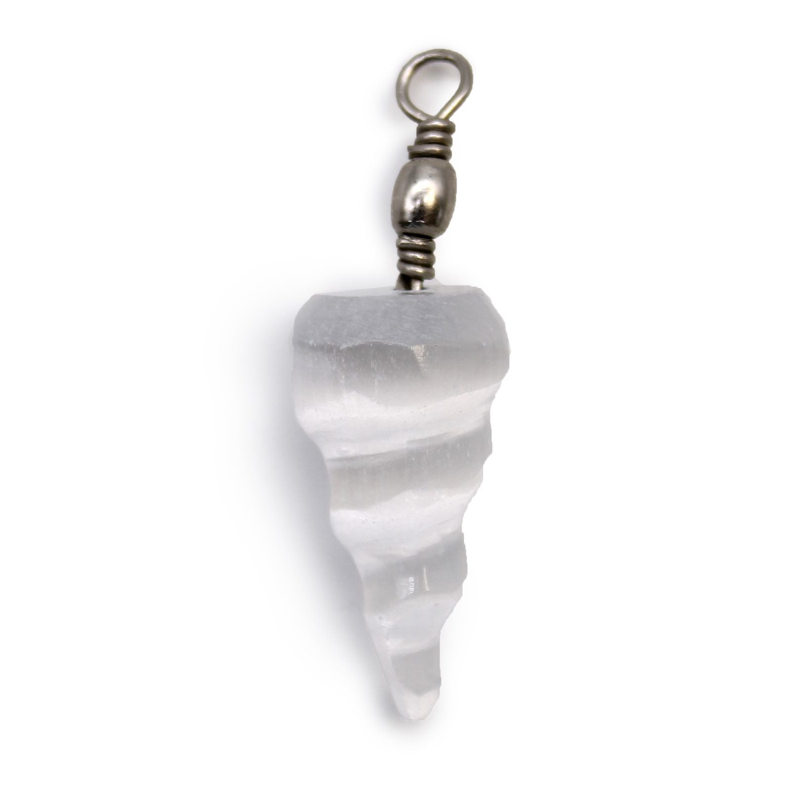 White selenite crystal pendant carved into a smooth spiral shape with a silver-coloured metal bale.