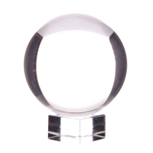 Large 110mm clear optical glass crystal ball resting on a simple transparent stand.