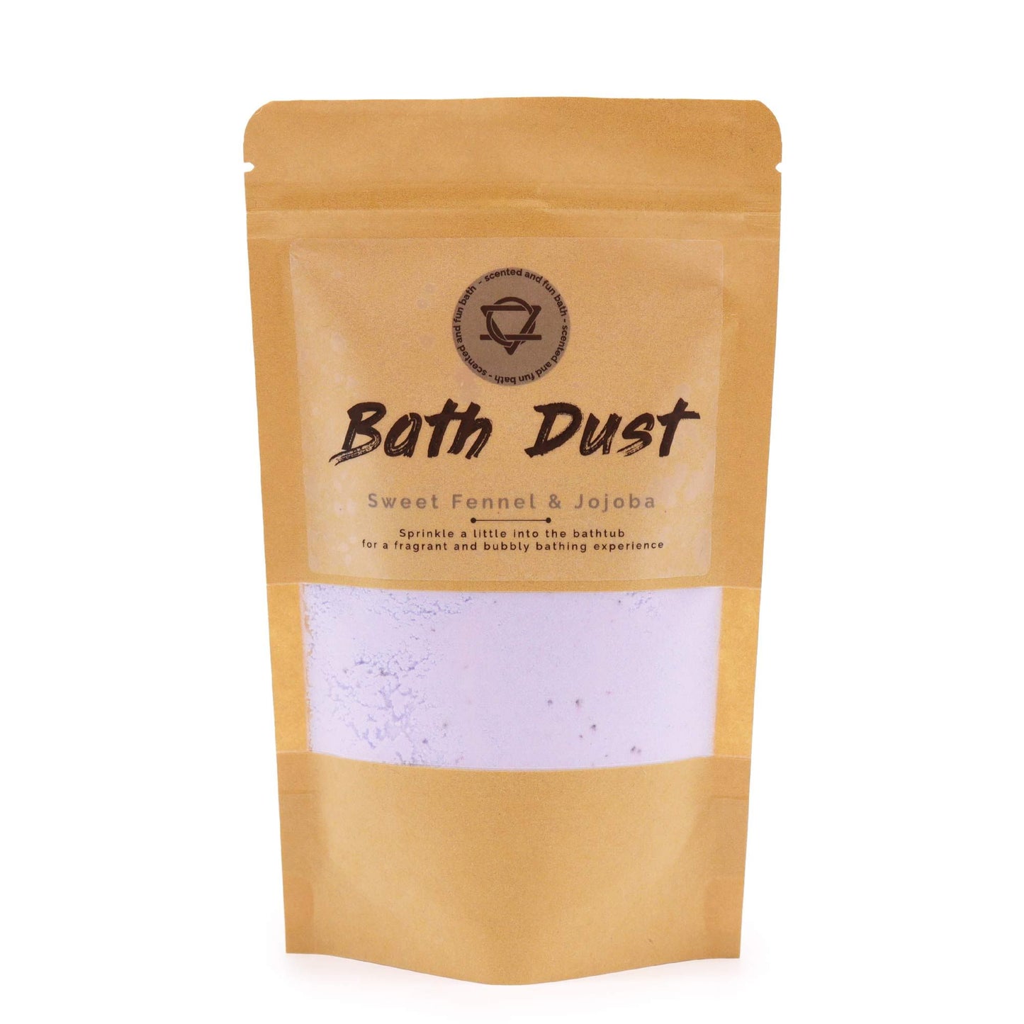 Fine textured bath bomb dust in a clear bag featuring botanical sweet fennel and nourishing jojoba oil properties.