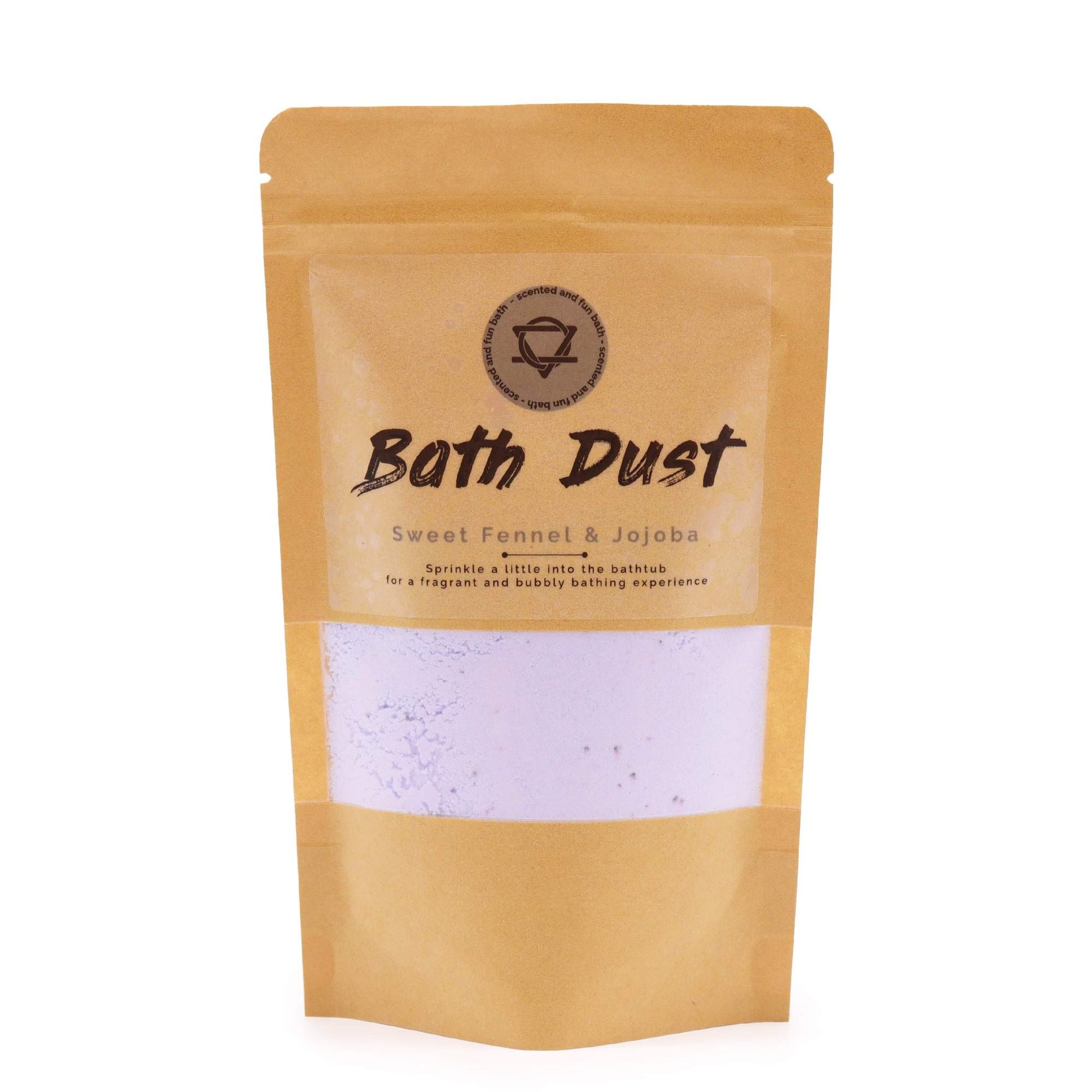Fine textured bath bomb dust in a clear bag featuring botanical sweet fennel and nourishing jojoba oil properties.