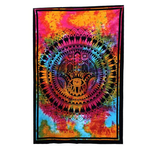 Single-sized cotton bedspread featuring a large Hamsa hand symbol in an intricate bohemian style design.