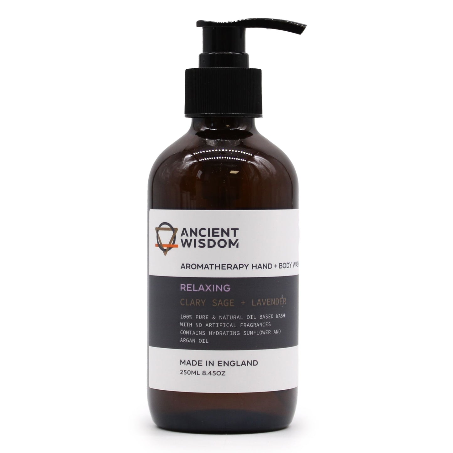 Clear 250ml bottle of herbal hand and body wash with clary sage and lavender botanical extracts.