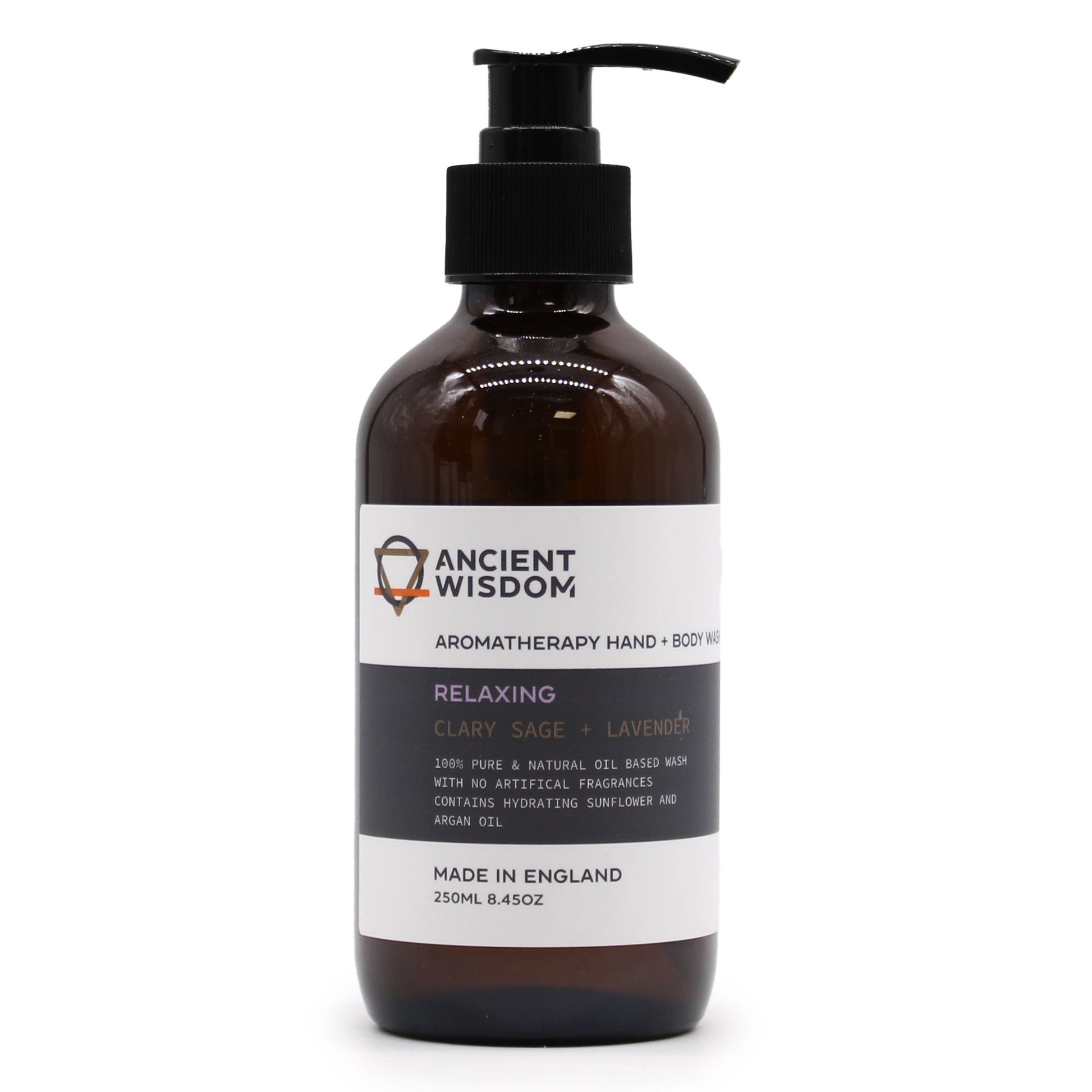 Clear 250ml bottle of herbal hand and body wash with clary sage and lavender botanical extracts.