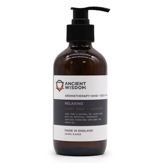 Clear 250ml bottle of herbal hand and body wash with clary sage and lavender botanical extracts.