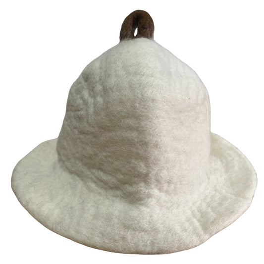 Handcrafted natural wool felted sauna hat in a traditional bowl shape.
