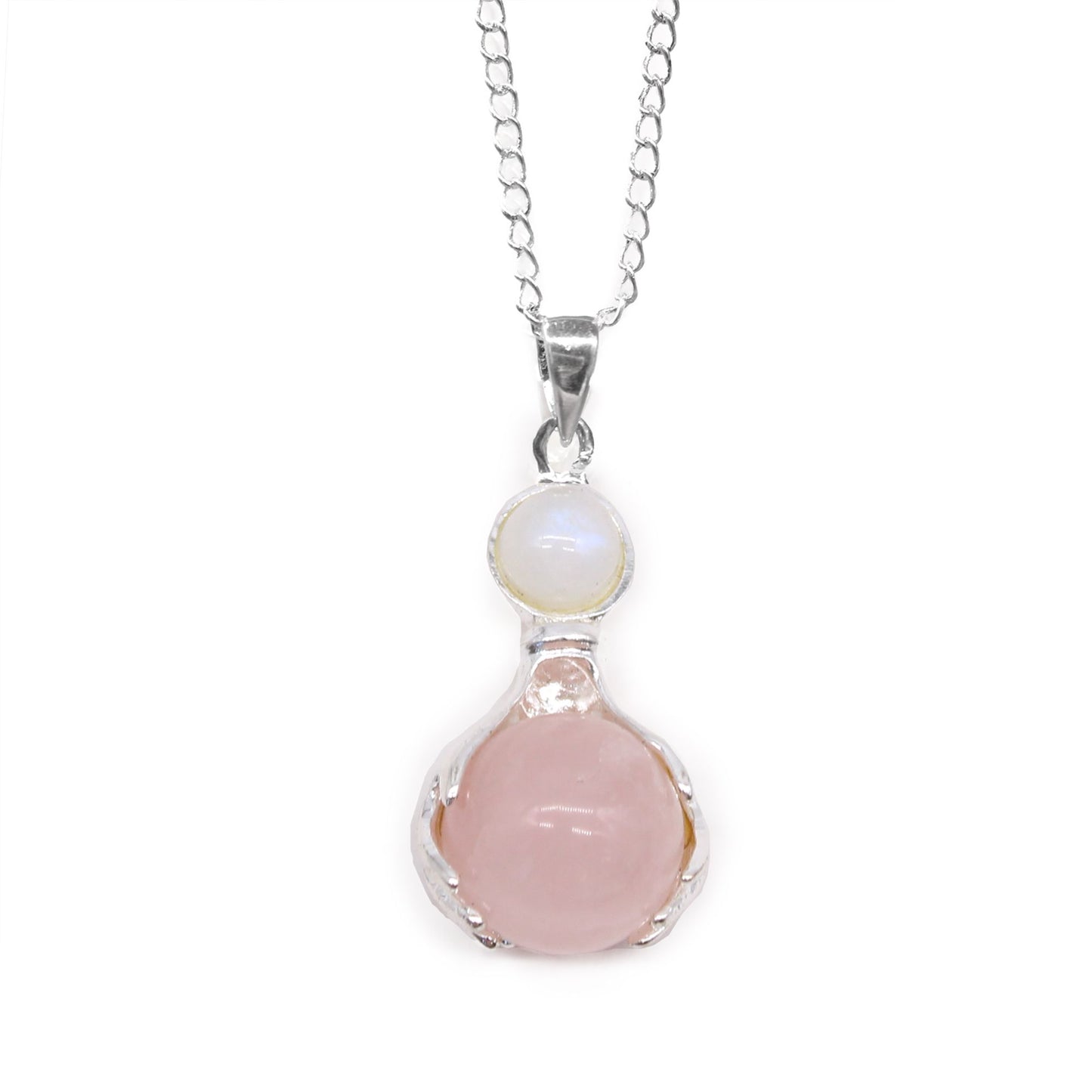 Delicate silver-tone healing hands cradling a polished pink rose quartz gemstone heart pendant.