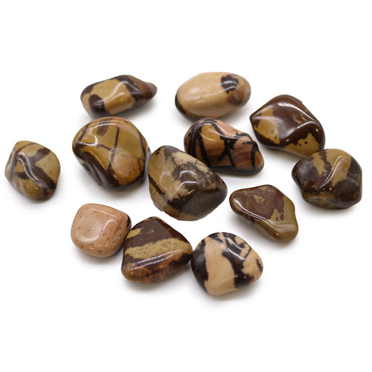 Smooth, polished Nguni Jasper tumble stone with distinctive earthy brown, beige, and cream cattle-like patterns.