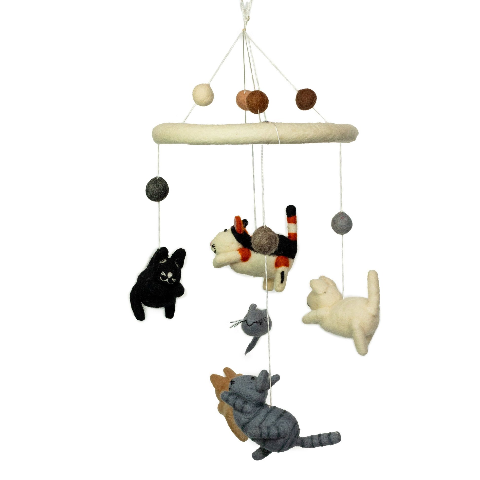 Handmade felt mobile featuring a playful grey cat and several small white mice hanging from a wooden hoop.