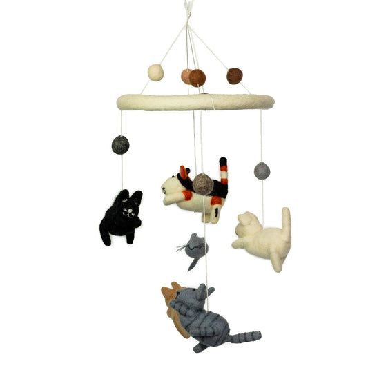 Handmade felt mobile featuring a playful grey cat and several small white mice hanging from a wooden hoop.