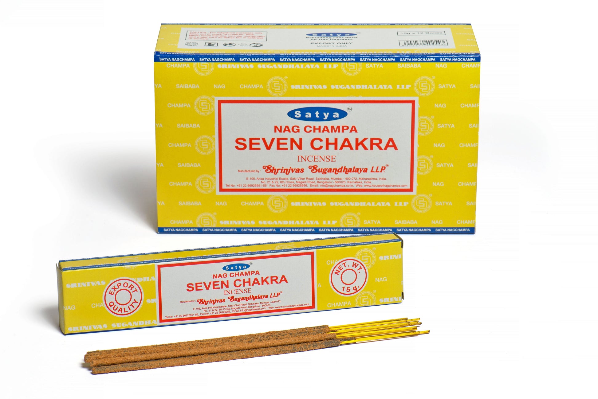A pack of hand-rolled Seven Chakra incense sticks with colourful chakra symbols on the packaging.