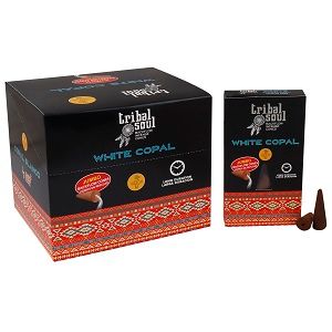Backflow incense cones featuring white copal resin on a wooden surface with soft lighting.